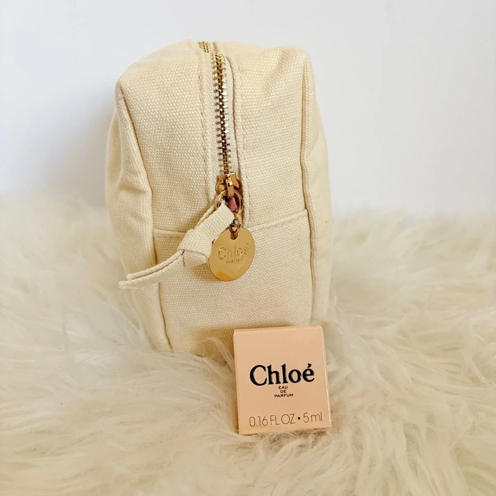 Chloe Parfums Cream Canvas Cosmetic Bag and 5ml Mini Eau de Parfum Set